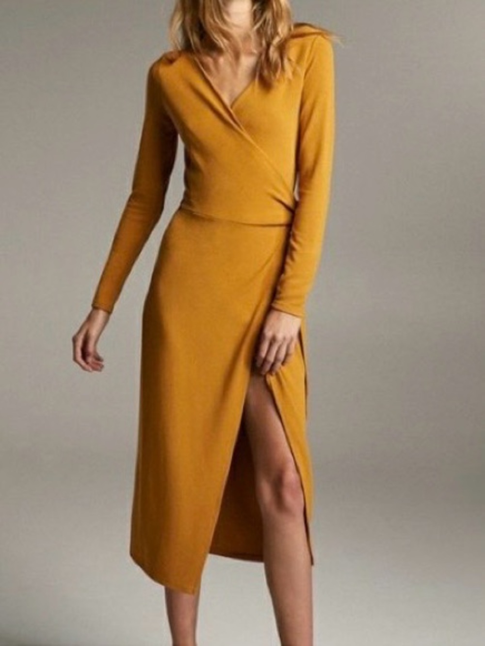 NWT Babaton Aritzia Gaudi Wrap Midi Dress Dark Mustard Yellow Small